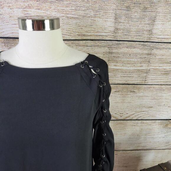 Greylin Lace Up Blouse Top Womens Size XS Black Long Sleeve Boat Neck - Picture 4 of 6